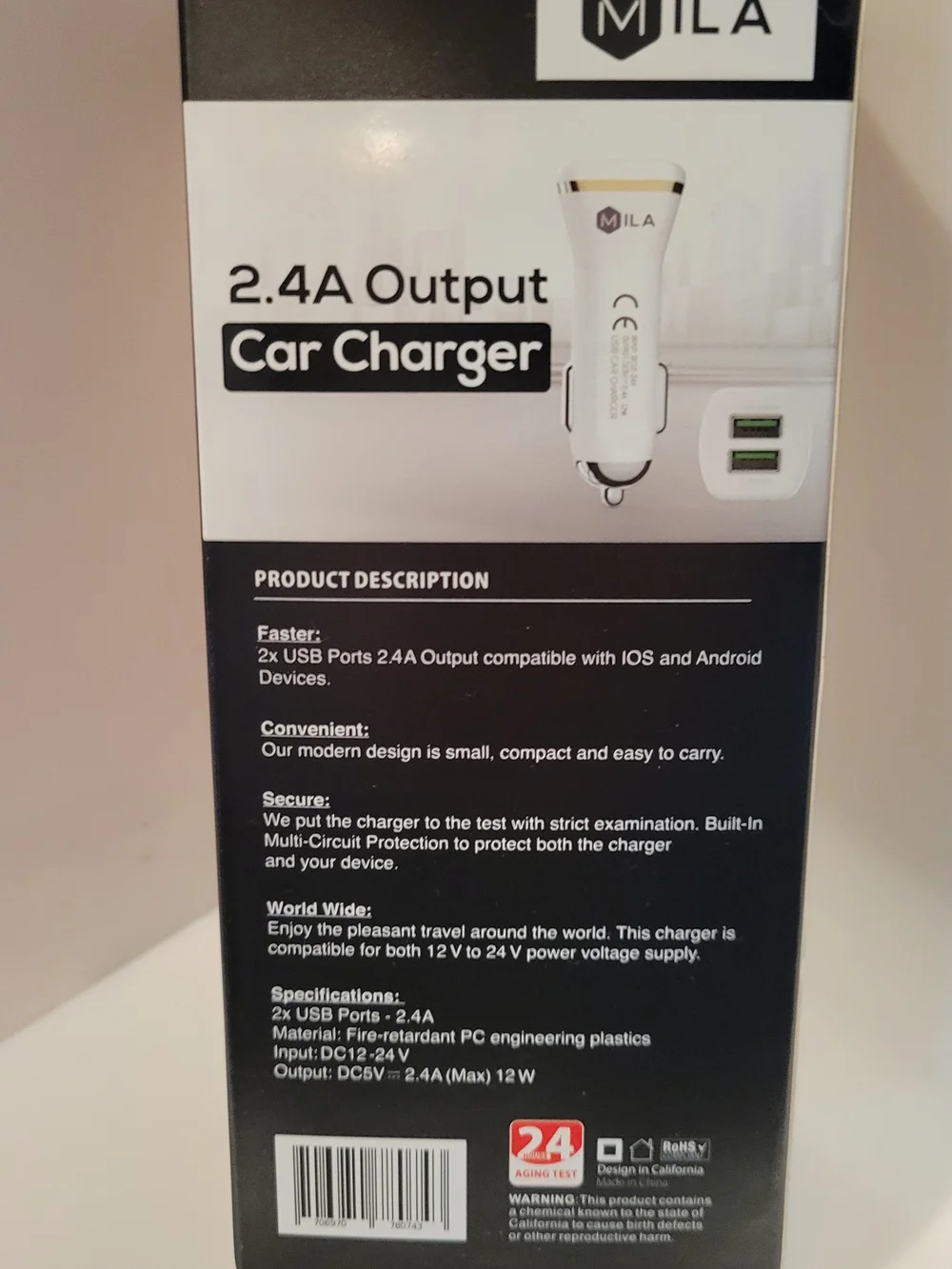 White 2.4A Dual USB Car Charger with Micro-USB Cable